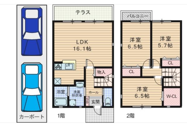 東豊中3丁目貸家A棟1・2階3LDK 間取の画像