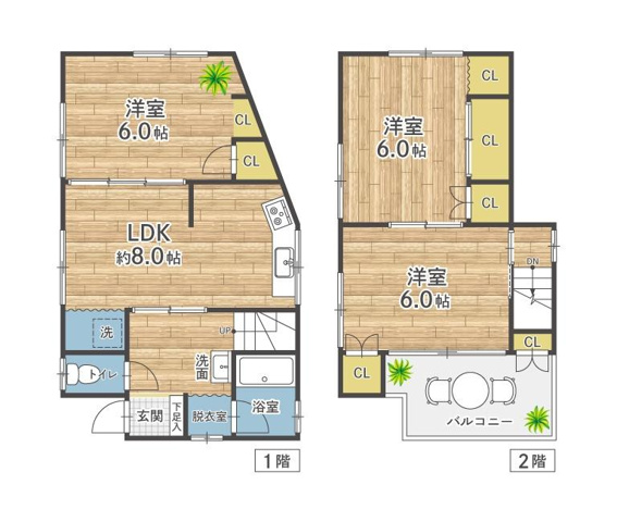明石海峡大橋が見えるオーシャンビュー戸建て2階3LDK 間取の画像