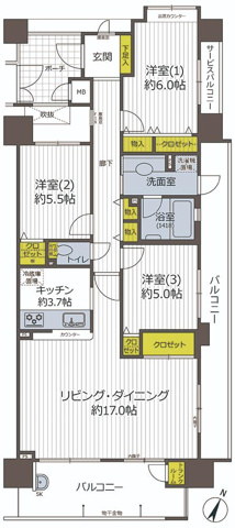 コスモ神戸本山12階3LDK 間取の画像